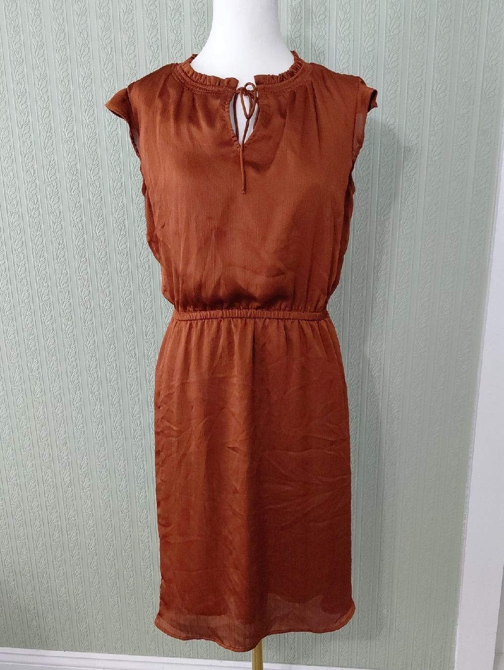 OLD NAVY Rust Brown Midi Dress with Tie Neck medium Tall Classy Sophisticated